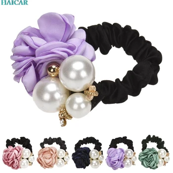 

Pearls Beads Rose Flower Hair Band Rope Scrunchie Ponytail Holder Women's Hair Accessories Hair Head Ring Levert Dropship mar6