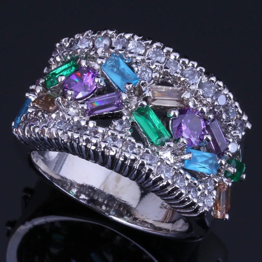 Prominent Multigem Multicolor Sky Blue Cubic Zirconia Silver Plated Ring V0551 | Украшения и аксессуары