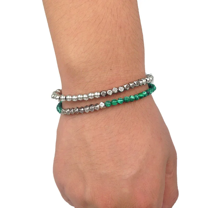 

SN0122 Unique 4mm Square Mala chakra Bead Bracelet set Men Casual malachite Stone Beaded Stretch Bracelet