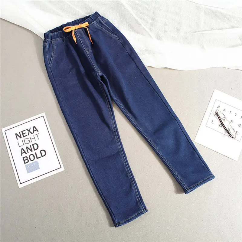 Plus Size 5XL Winter Plus Velvet Warm Jeans Woman Drawstring High Waist Jeans Denim Long Pants Vintage Women Harem Jeans C3866