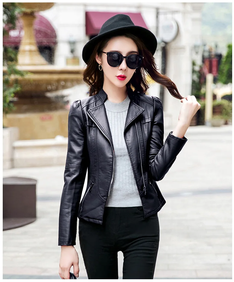 Женская куртка из искусственной кожи, асимметричная молния, корейский стиль, женское милое кожаное пальто, верхняя одежда, тонкое женское пальто