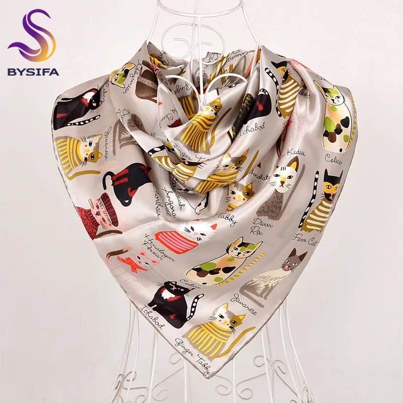 BYSIFA, черный шарф из чистого шелка, шаль для женщин, весна, осень, бренд, милый кот, большие квадратные шарфы, головной шарф, зимние шарфы - Цвет: Хаки