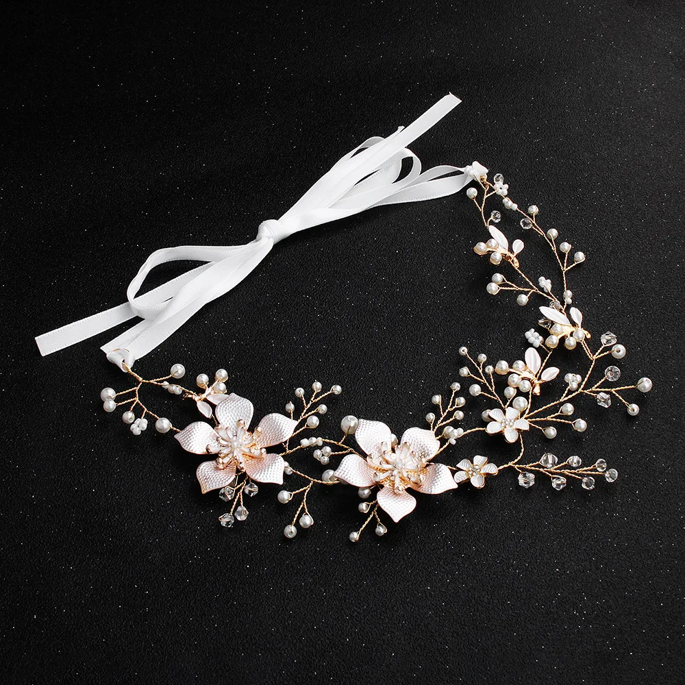 

Luxurious Pearls Flower Clear Rhinestones Gold Leaf Wedding Hair Vine Headband Bridal Headpiece Hair Accessories Women Jewelry