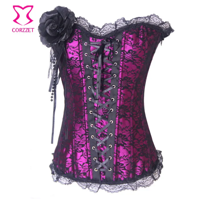 Purple Satin and Black Floral Lace Corset Bustier Top Gothic Clothing Victorian Corsets and