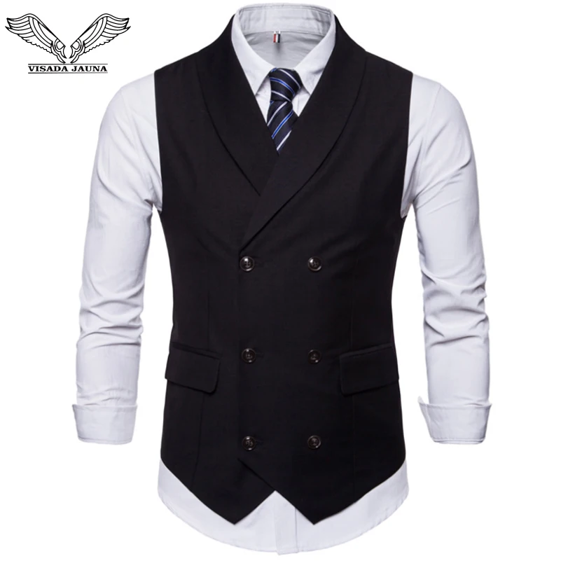 

VISADA JAUNA Spring Autumn Double Breasted Suit Vest Men's Sleeveless Four-Colored England Style Foramal Weeding Vest N9034