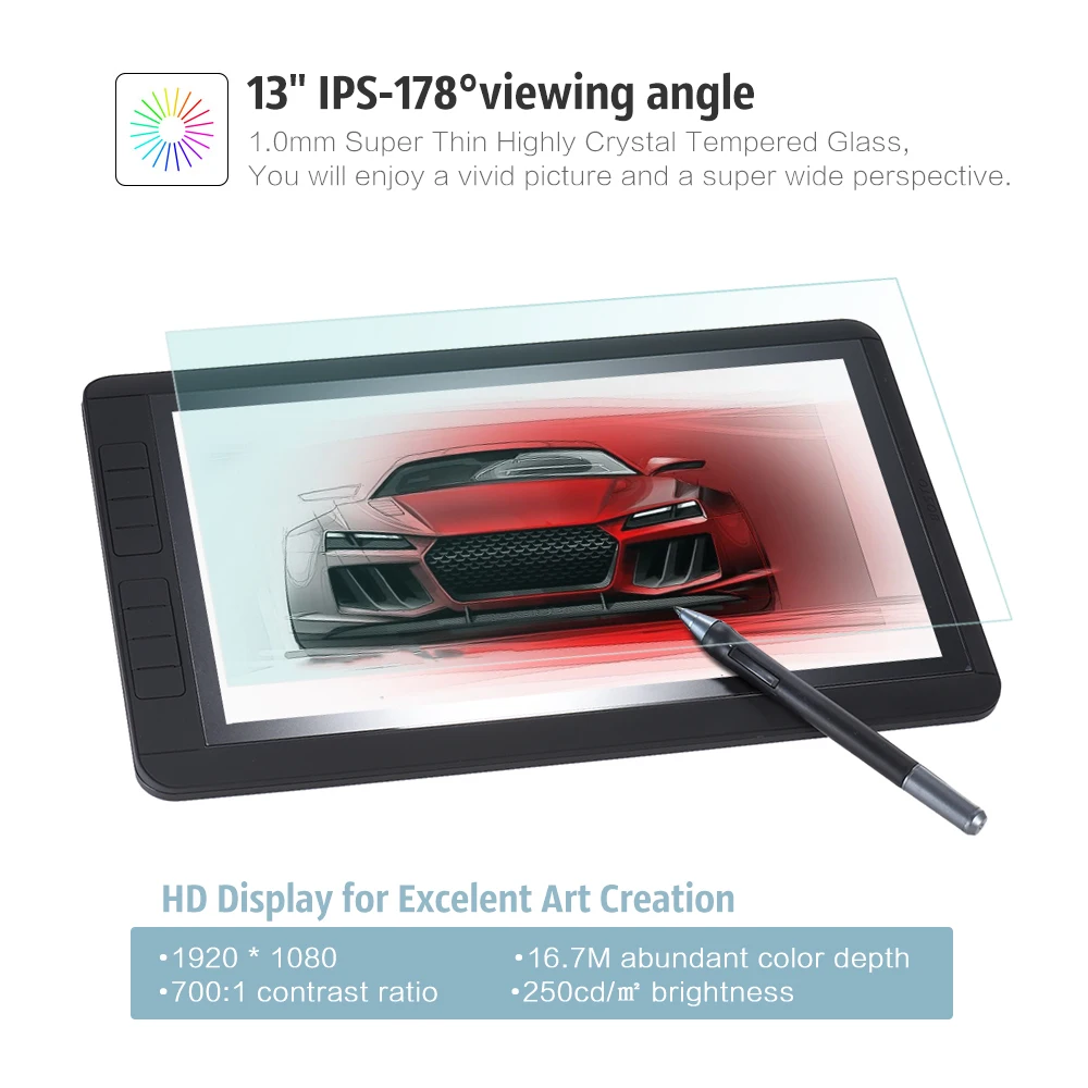 BOSTO 13HD графический планшет для рисования цифровой планшет 1" ips 1920*1080 комплект графической платы 2048 Уровень давления 8 ярлыков