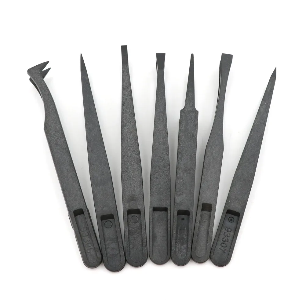 7pcs/set Black ESD Tweezers Set Plastic Electronic Tweezers Forceps