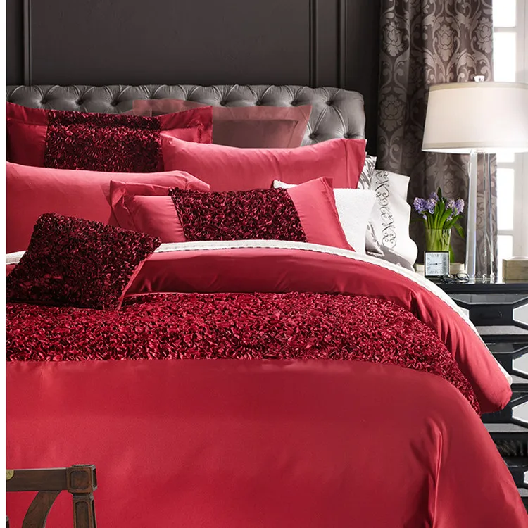 Frete grátis cetim de luxo europeu lavado seda 4 pcs full / queen / king size 100% algodão vermelho de casamento jogo de cama sem enchimento