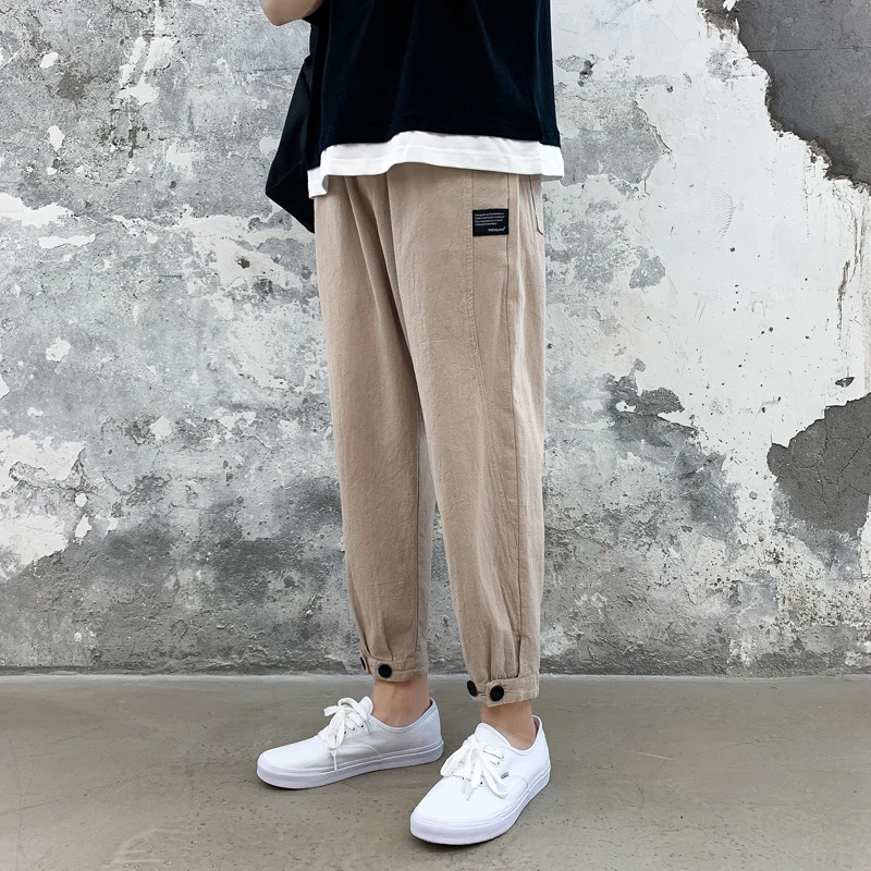 

2019 Summer Japanese Style Streetwear Comfort Thin Cotton Linen Cargo Ankle Length Men Pants