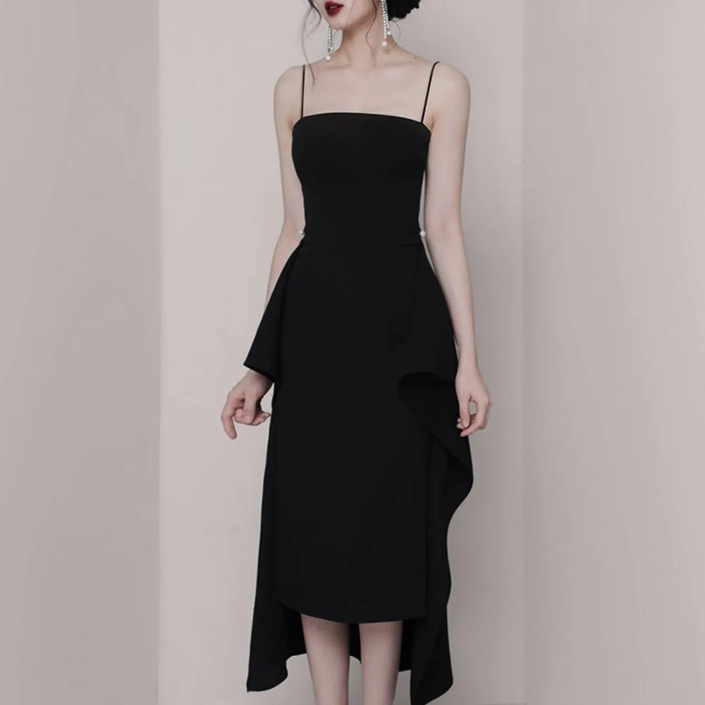 

JSXDHK 2019 Fashion Spaghetti Strap Ruffles Women Dress Runway Summer Black Beading Midi Dress Sexy Backless Irregula Dress