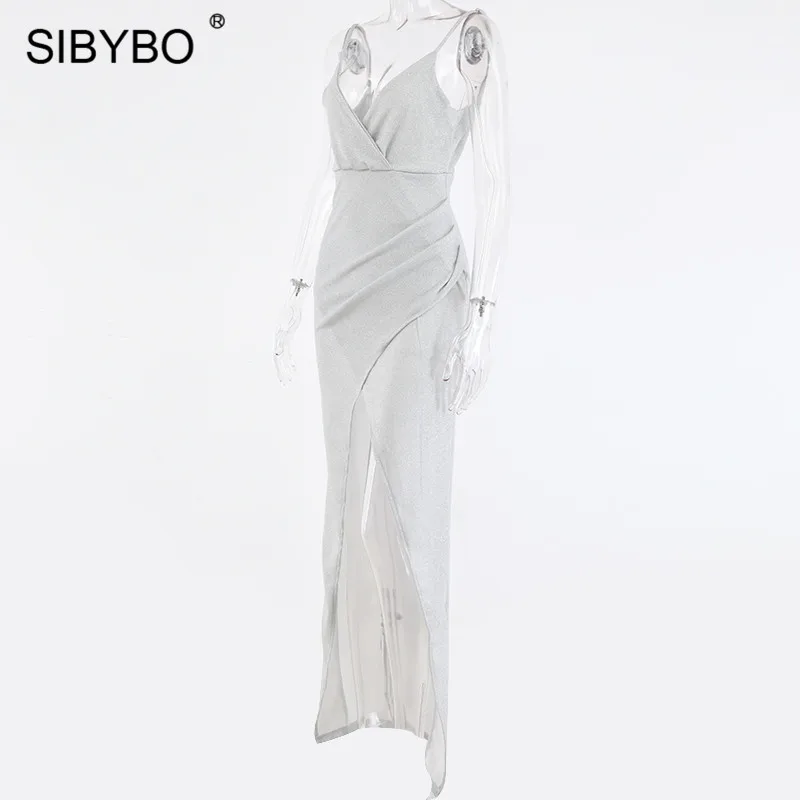 Sibybo, блестящее, с разрезом, свободное, летнее, длинное платье, для женщин, на тонких бретелях, без рукавов, сексуальное, макси платье, с открытой спиной, Пляжное, вечернее, длинное