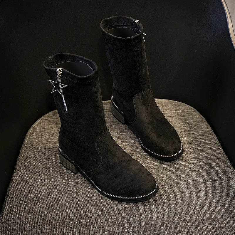 

Chic tube British short boots female autumn and winter 2018 new Martin boots with thick with wild sheep troubled stretch boots