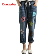 Сезон: весна-лето женский линии отверстие вышитые цветы свободные девять очков джинсы для женщин мотобрюки для высокое Кач