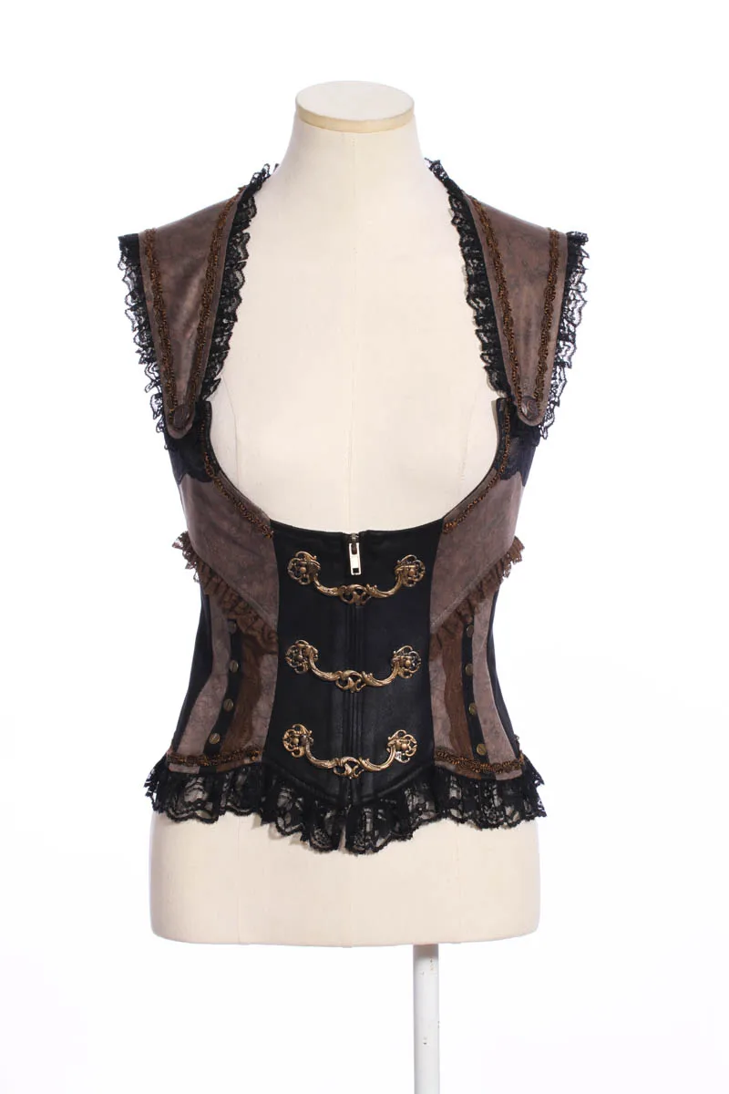RQ Series Steampunk Gothic Vintage Women Vest Black Patchwork Coffee