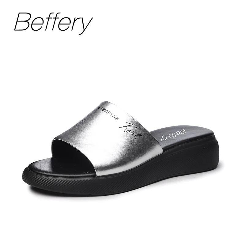 

Beffery 2018 Summer Sandals Women's Genuine Leather Flat Shoes Thick bottom Fashion flat Soft and comfortable Flip Flop woman