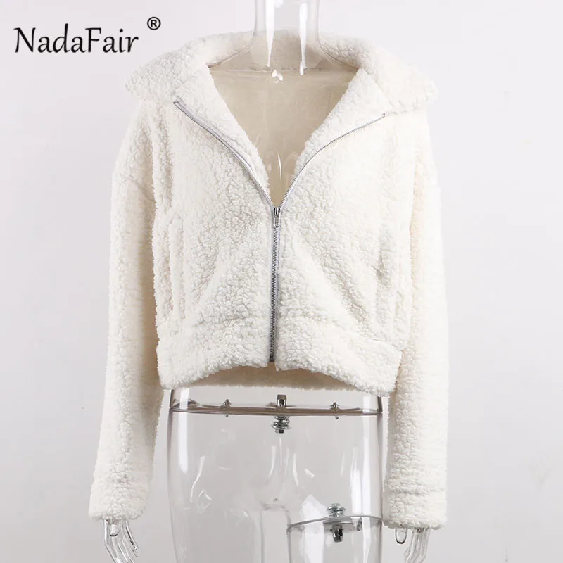 Nadafair, черная Осенняя Женская куртка с воротником-стойкой на молнии, пушистое короткое плюшевое пальто, зимняя флисовая/белая куртка, пальто для женщин