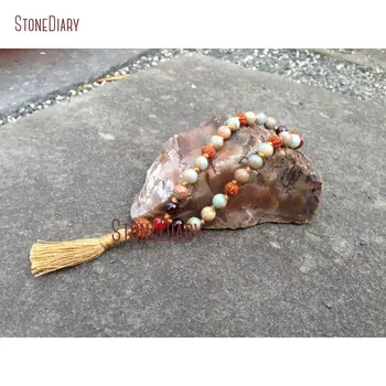 

Hand knotted Aqua Terra Stone Garnet & Rudraksha 27 Bead Pocket Quarter Mala Natural Blue Japa Mantra Meditation Pray BM10927