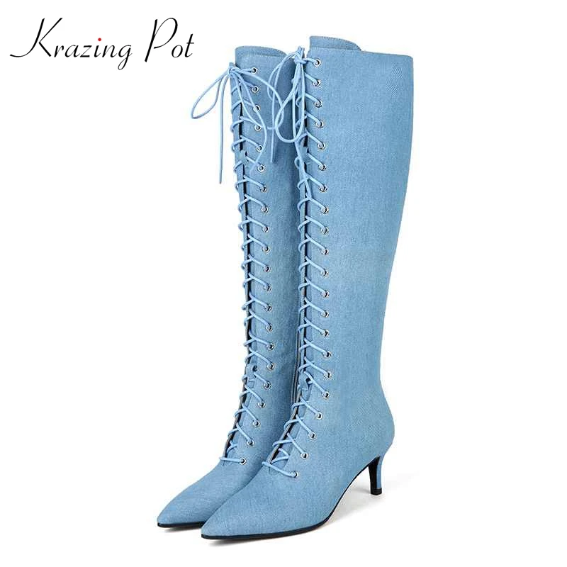 

Krazing Pot 2019 superstar denim stiletto thin high heels Spring pointed toe knee high boots women blue color riding boots L27