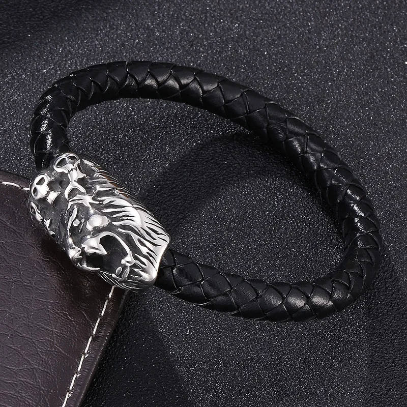 

Personality Lion Head Magnetic Clasp Bracelets Men Black / Brown Braided Leather Bracelet Male Wrist Band Bangles Gifts ST0071