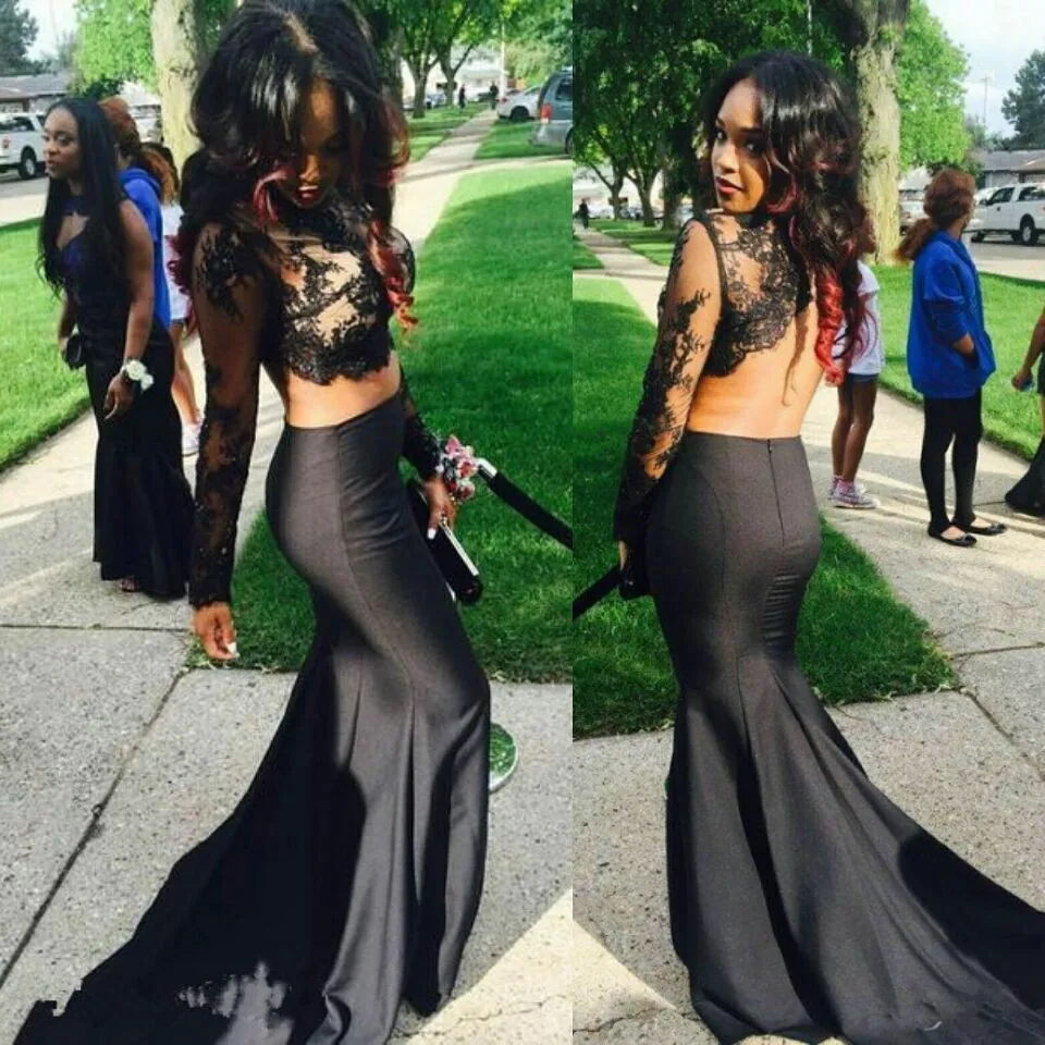 Best Price XPLE 2 Piece Prom Dress Black Long Sleeve Mermaid Evening Gowns Lace Applique High Neck Satin Sweep Train Elegant Prom Dresses