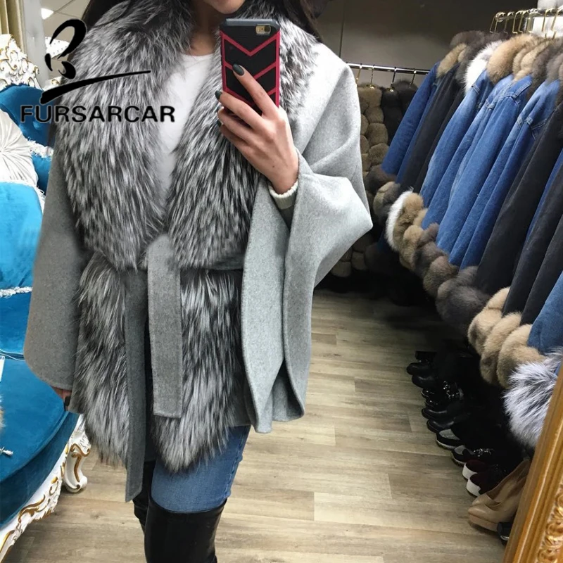 Новое модное женское пальто из натурального меха с рукавами летучая мышь, шерстяная Меховая куртка с воротником из меха серебристой лисы, женское меховое пальто