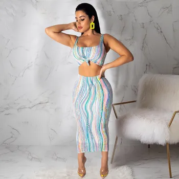 

Colorful Striped Sexy Summer Two Piece Set Women Backless Crop Top Bandage Skirt Set Sweatsuit 2 Piece Club Outfits