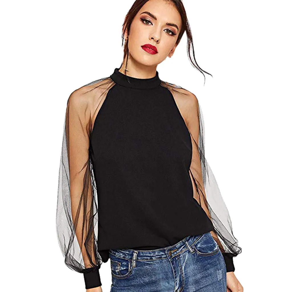 

Fashion women's shirts summer casual breathable long-sleeved round neck mesh gauze solid color strap chiffon shirt ladies#D10