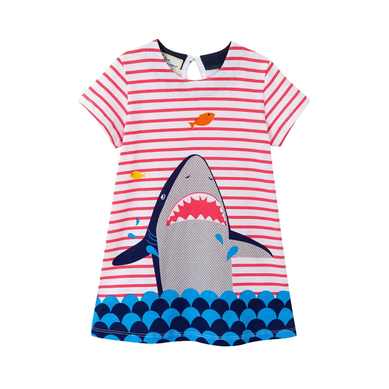 

Cotton Baby Girls Cartoon Shark Short Sleeve Dress Children's Clothing Kids Princess Striped Dresses Summer Clothes Girl Clothes