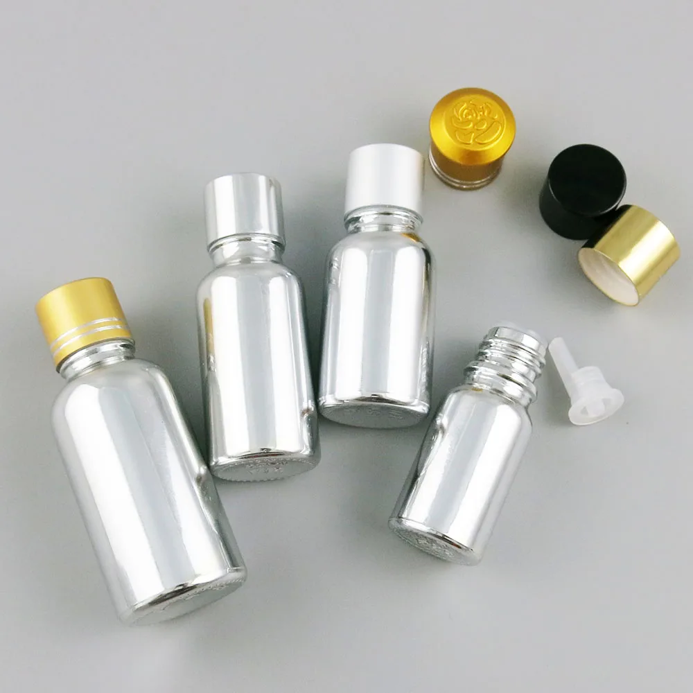 

360 x 5ml 10ml 20ml 30ml 50ml 100ml Essential Oil Silver Plating Glass Bottle With 6 Aluminum Cap for Liquid Reagent Pipette