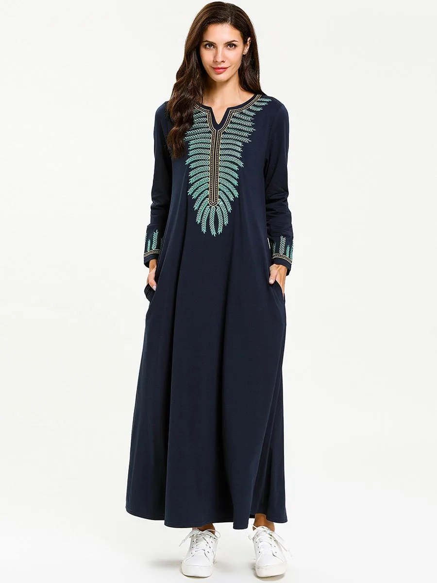 Женское мусульманское арабское платье Кафтан Макси платье женское вышитое с длинным рукавом платье в турецком стиле Дубай Марокканская абайя Исламская одежда - Цвет: Синий