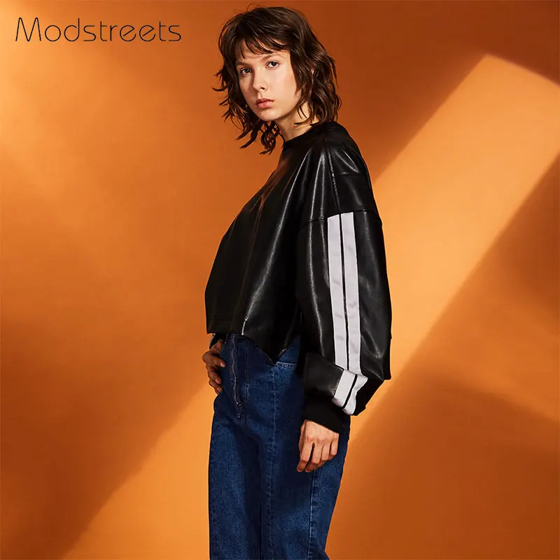  Modstreets Women Black Hoodies Autumn Fashion PU Leather Tops Hoodie Sweatshirt Long Sleeve Pullove