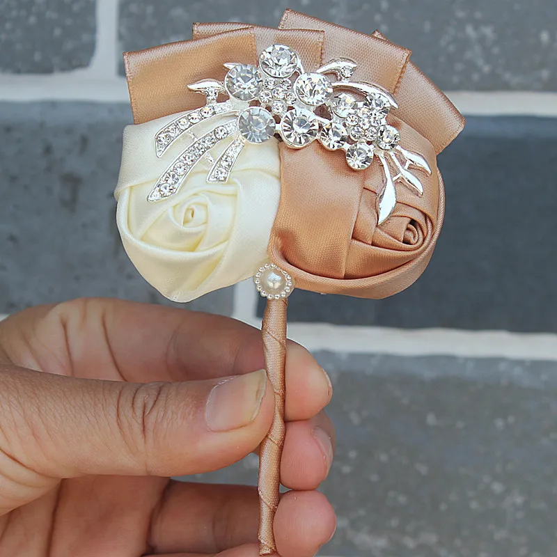 

Khaki Ivory Diamond Man Groom Boutonniere Satin Rose men buttonhole Wedding Party Prom Man Suit Corsage Pin XH0688-1