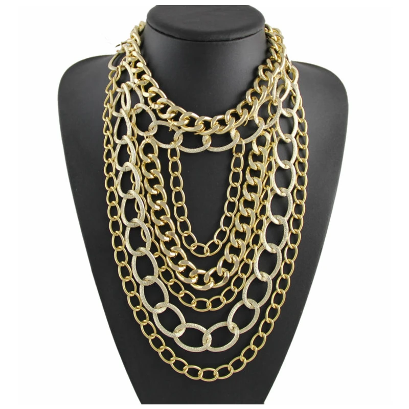 

CirGen Design Fashion Chunky Metal Gold Color Multi Layer Long Chain Choker collar Statement Necklace Women Jewelry Item B99