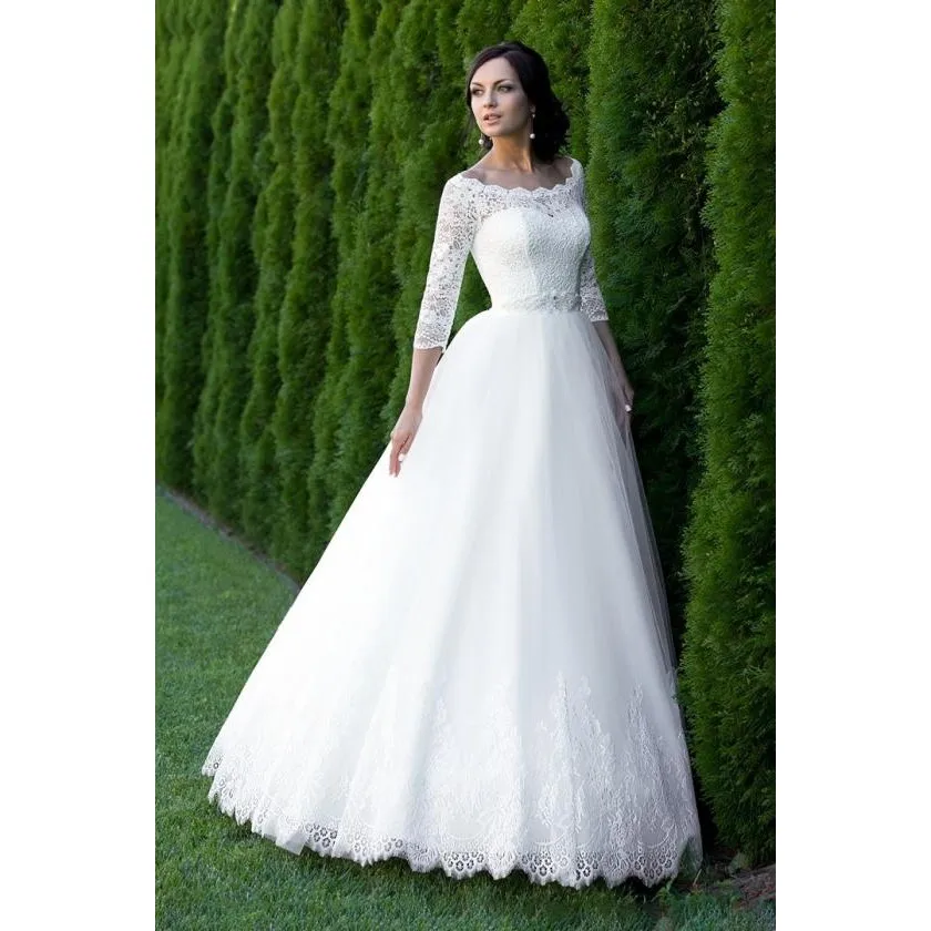 

Lace Up Back Wedding Dresses 3/4 Sleeves Elegant Simple Bridal Dresses Cheap Wedding Gowns Robe Mariage Vestidos de novia
