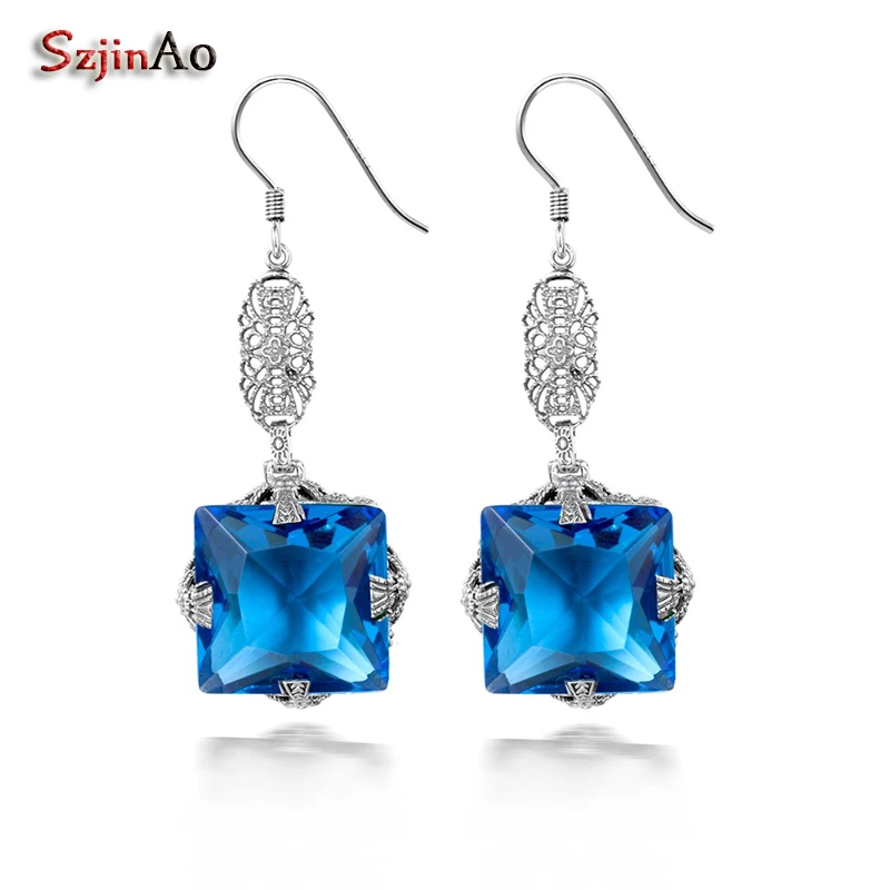 Szjinao Birthstone Silver Drop Earrings For Women Cushion London Blue Topaz Women Earrings Pure 925 Sterling Silver Jewelry цена Szjinao Birthstone Silver Drop Earrings For Women Cushion London Blue Topaz Women Earrings Pure 925 Sterling Silver Jewelry цены онлайн
