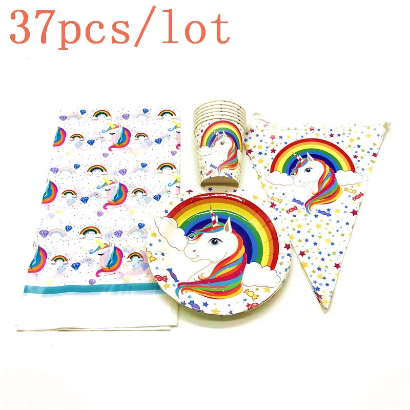 

Rainbow Unicorn 37Pcs Disposable Paper Cup+Plate+Tablecover+Banner Family Party Kid Birthday Theme Party Flag Decoration Supply