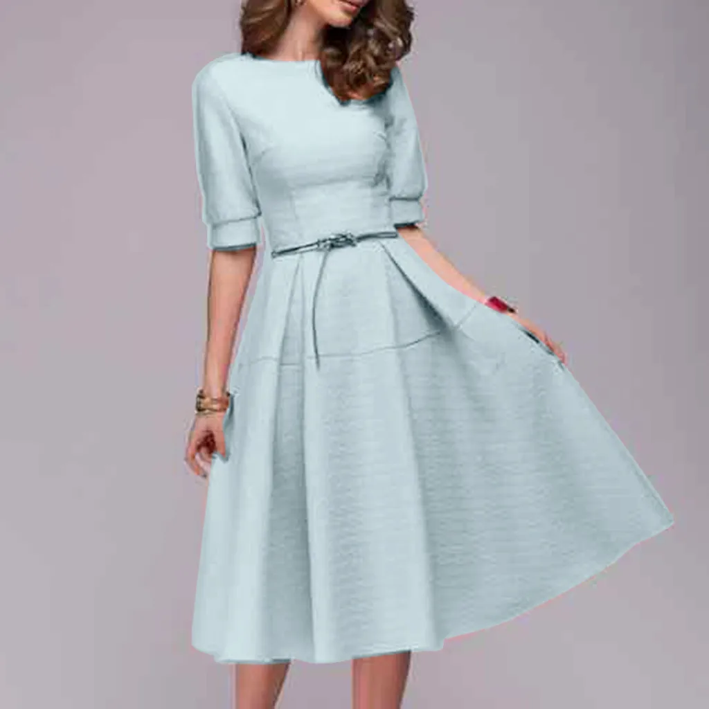 

Women spring O-Neck Dress 2019 Summer Women's Elegant Vintage party Dresses Casual Loose Dresses half sleeve Vestidos with belt
