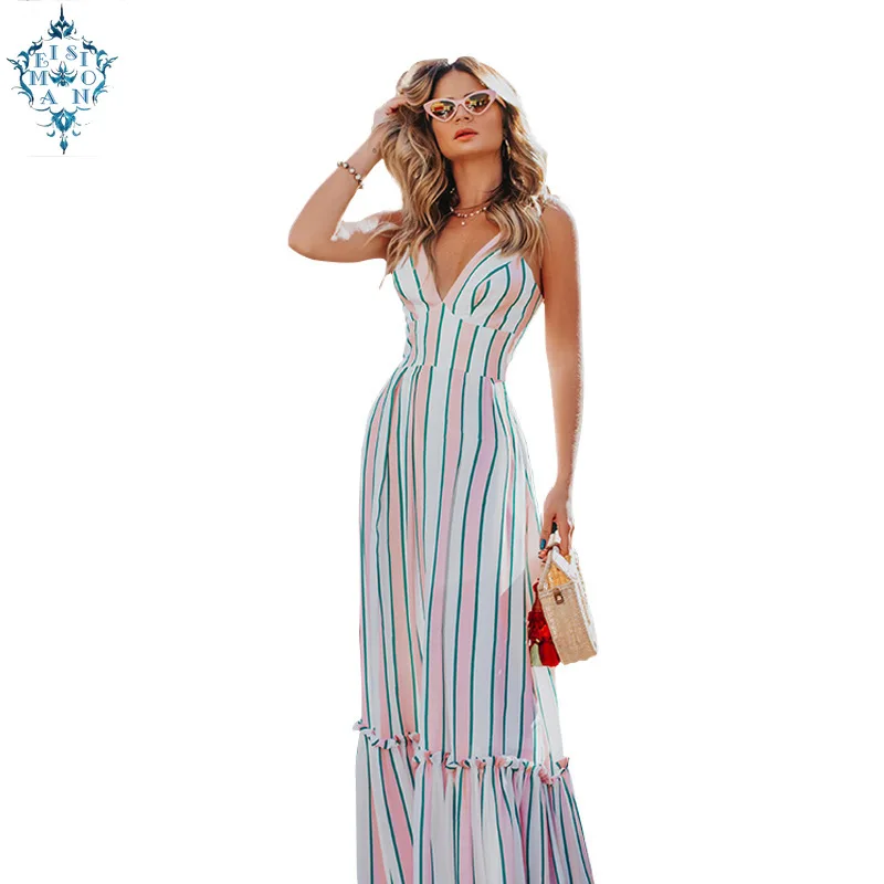 

2019 Women Summer Bohemian Dress Sexy Elegant Party Night Chiffon stripe printed Spaghetti Strap Beach Maxi Plus Size Dresses