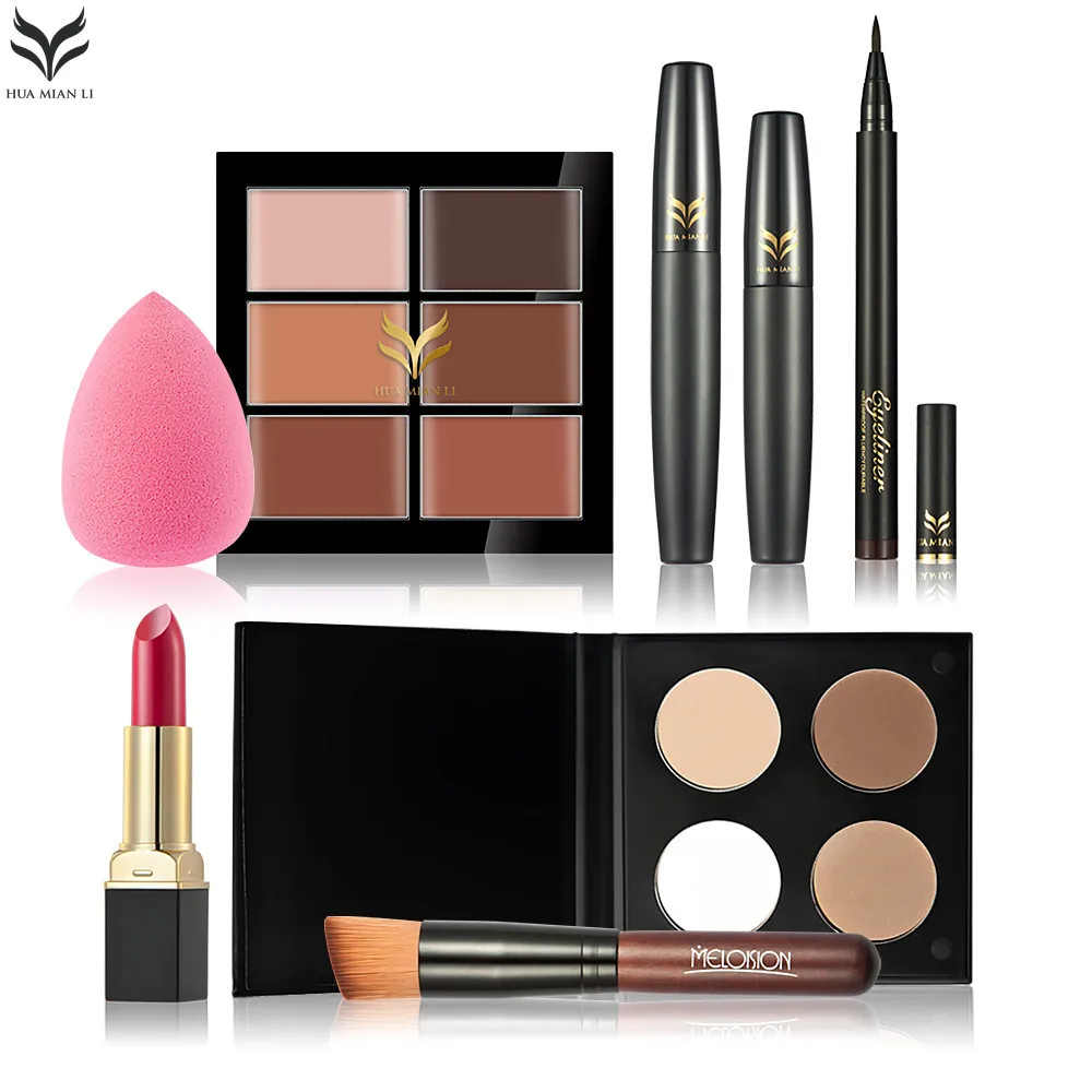 7pcs/set Makup Tool Kit Cosmetics Including Concealer Lipstick Powder Eyeliner Pen Puff Mascara