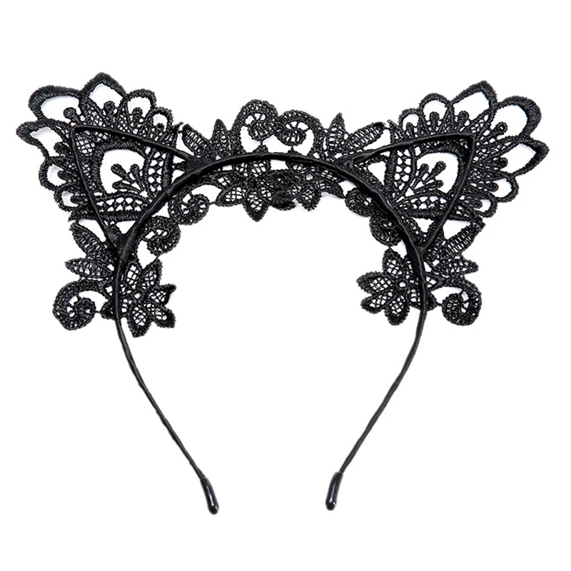 

HEBA Women Girl Black Crochet Cat Lace Ears Party Hair Headband band Hoop
