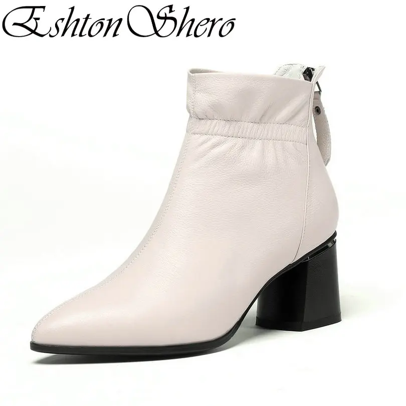 

EshtonShero Winter Shoes Woman Ankle Boots Leather+PU Women High Heel Zipper Fashion Ladies Motorcycle Boots Size 34-42