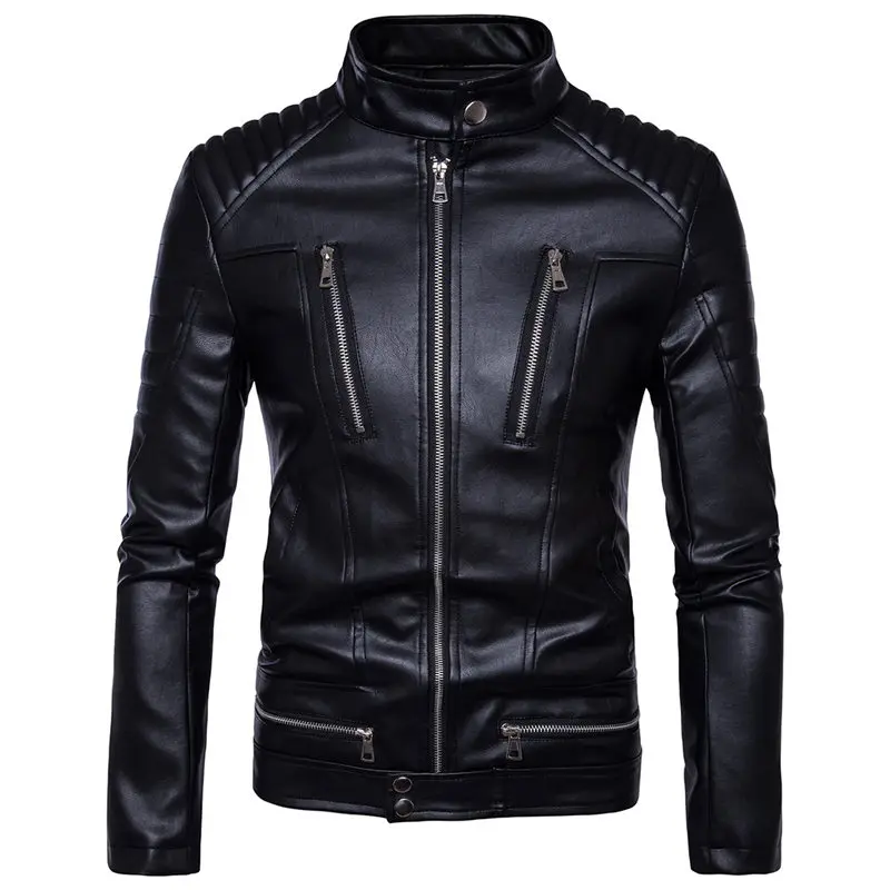 

PU Leather Jacket Men Slim Fit Coat Stand Collar 2019 Spring Autumn Jackets Solid Color Casual Leather Coat Plus Size 5XL HN65