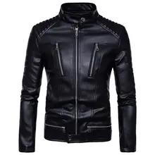 ПУ кожаная куртка мужчины Slim Fit пальто стойка воротник 2019 весна осень куртки сплошной цвет повс