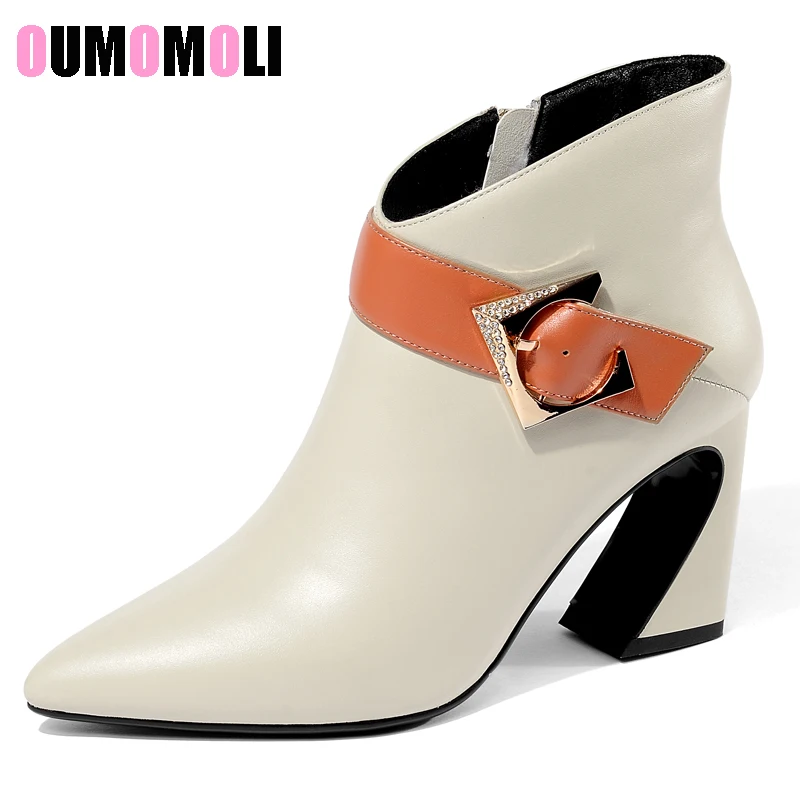 

2019 black white women boots pointed toe zipper ladies genuine leather boots buckle cow leather ankle boots y413