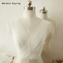 Настоящее Элегантный Глубокий v-образный вырез цвета слоновой кости кружева свадебные болеро Плиссированные аппликация свадебный наряд жилетом накидка накидки Свадебные аксессуары B96