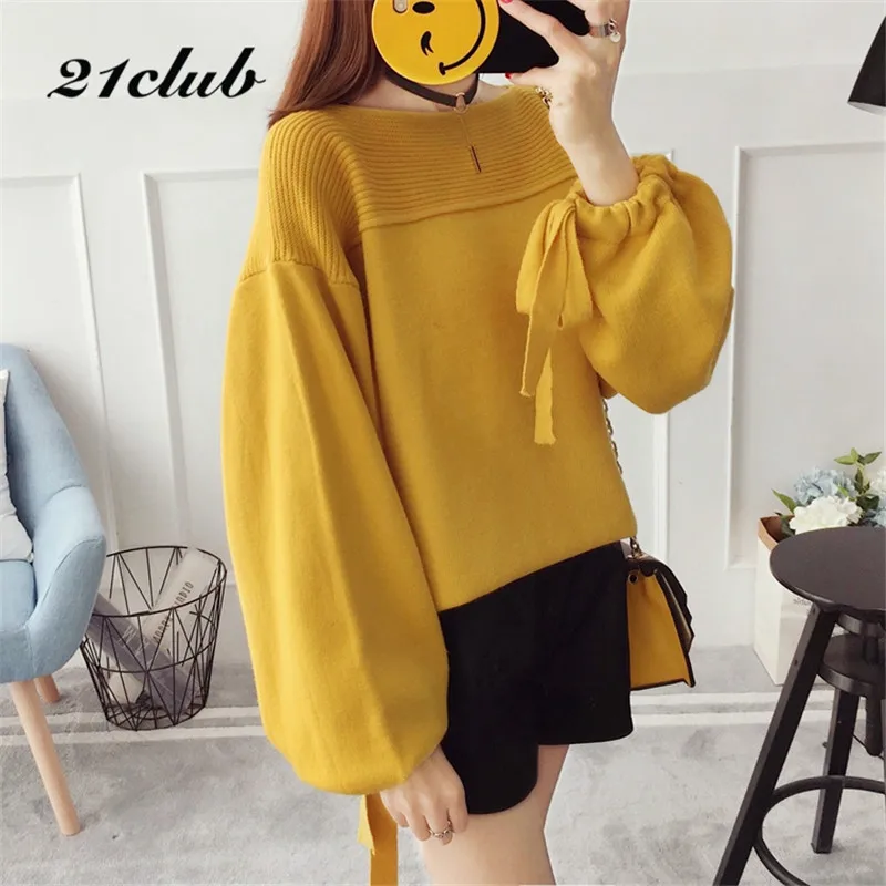21Club 2017 New Fashion Lantern Sleeves Sweater Women Solid Bow Long Pullovers Loose Slash Neck Ladies Knitted Sweaters | Женская одежда
