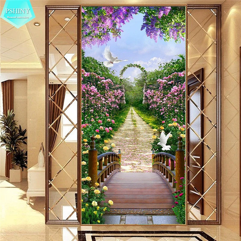 

PSHINY 5D DIY Diamond embroidery sale Flower bridge Landscape Full Square rhinestone kit Diamond Painting cross stitch