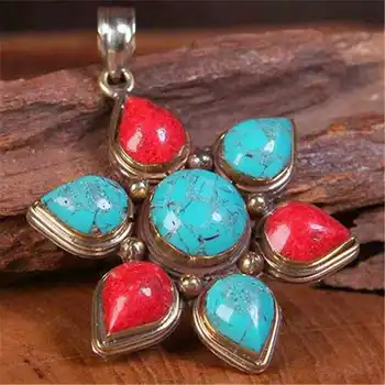 

TBP232 Nepal Vintage Flower Pendant Copper Inlaid Colorful Stone Golden