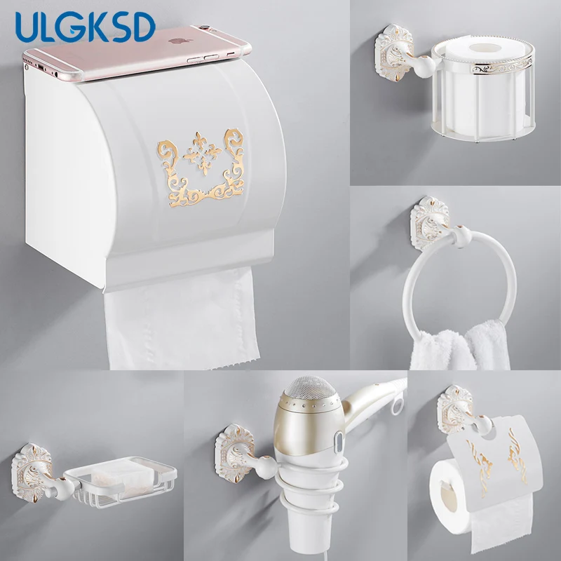 

ULGKSD Bathroom Hardware Aluminum Ivory Toilet Paper Holder W/ Towel Ring Soap Dishes Para Bathroom Accessories