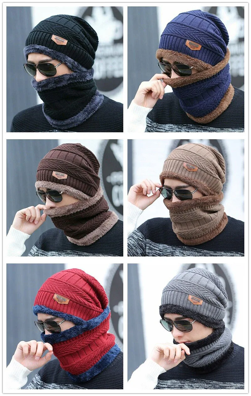 RUHAO Skullies Beanies 2pcs ski cap scarf cold warm leather winter hat for women men Knitted hat Bonnet Warm Cap